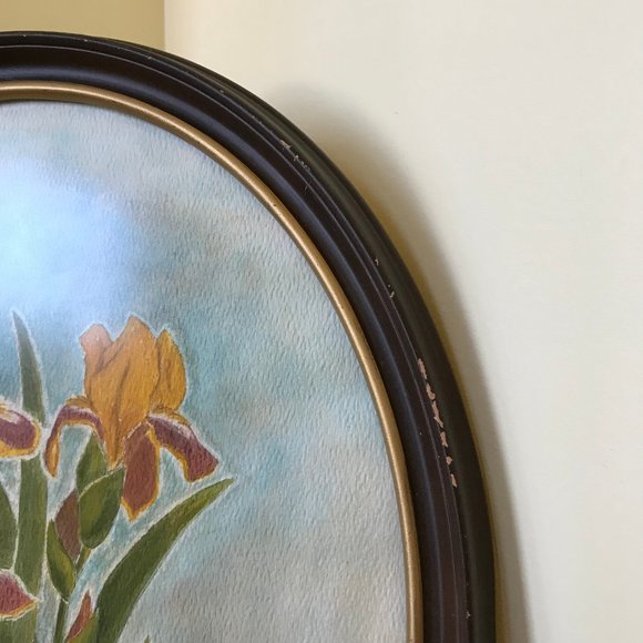 Original Watercolor Painting Red Heart Yellow Iris Flower Oval Frame Skye Henkel - Picture 4 of 7